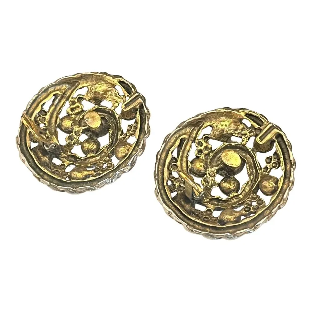 Vintage 1970s Les Bernard Gold Tone Clip Earrings Rhinestone - 1D
